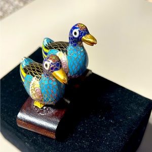 Cloisonné Mandarin Duck Figurine Set (on a wooden base)